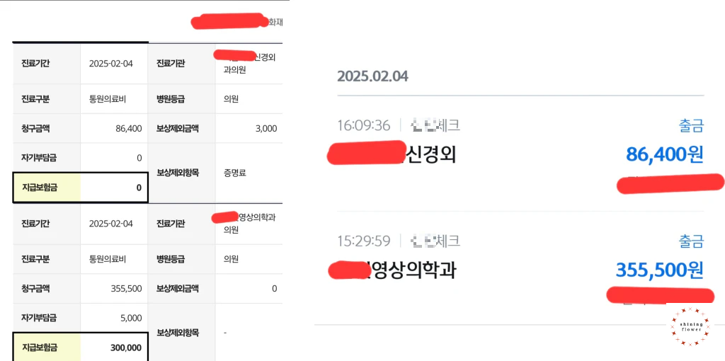 왼쪽은 실손보험금 지급내역-오른쪽은 병원비사용내역