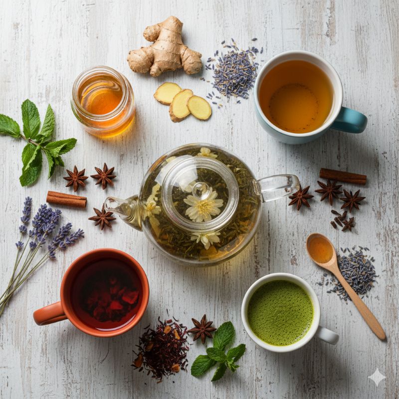 커피 대신 마시기 좋은 루이보스, 말차, 허브차 등 다양한 건강 음료들이 테이블 위에 놓여 있는 모습