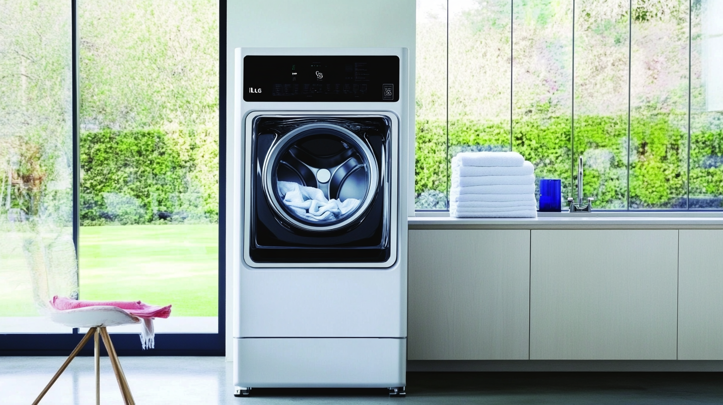 스마트 홈 제어와 에너지 효율적인 혁신적 드럼 기술이 적용된 현대적인 디자인의 엘지워시타워 세탁기가 배치된 세련된 세탁실 모습