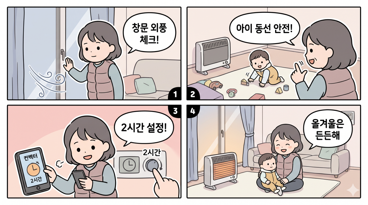 결제 전 거실 환경과 안전 기준을 꼼꼼히 살피는 결론부 4컷 만화