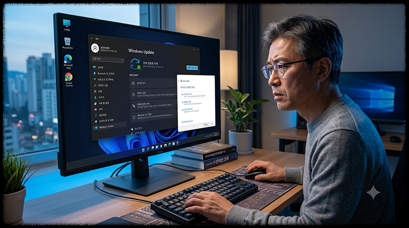 Windows 업데이트 서비스가 멈춘 컴퓨터에서 강제 초기화를 준비하는 모습
