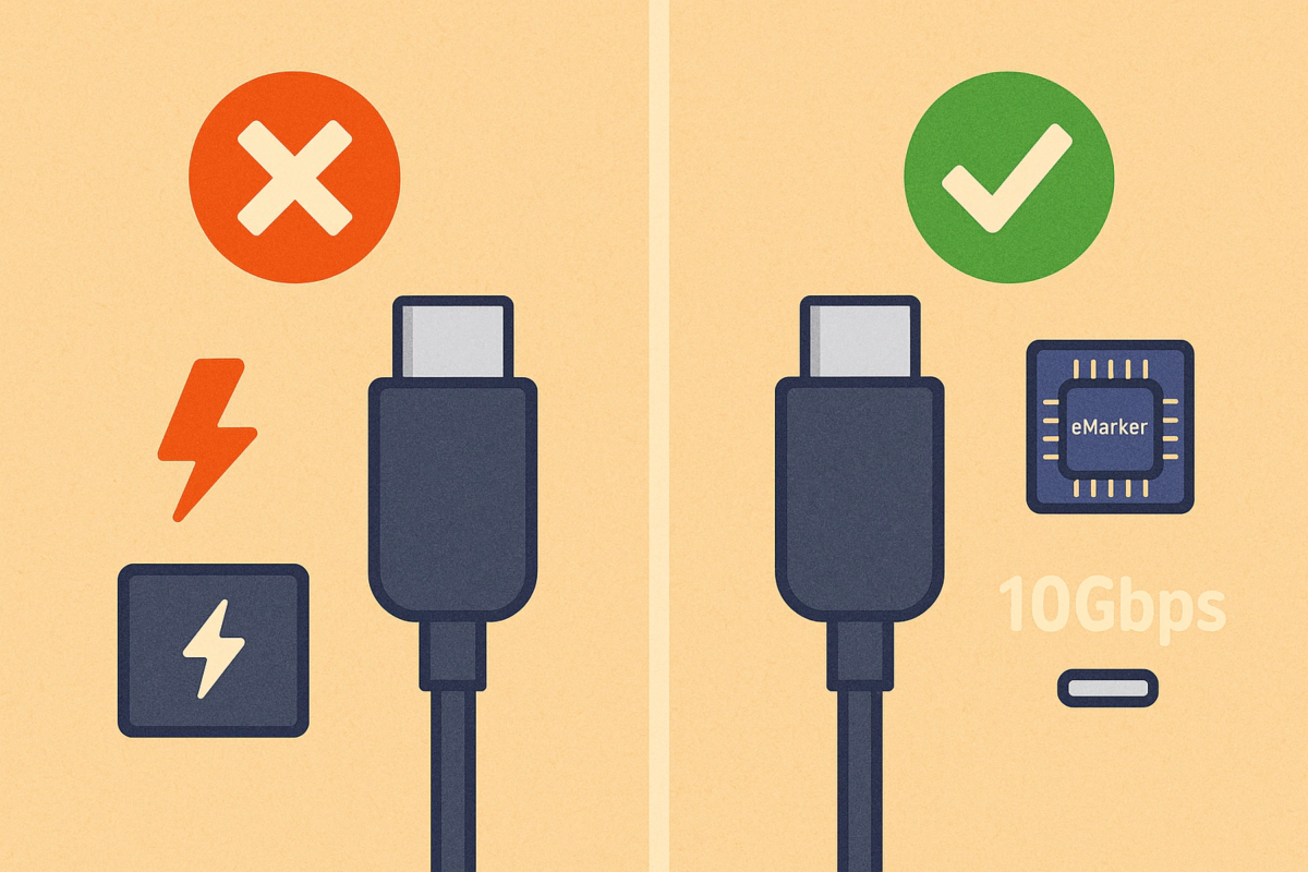 USB-C 충전 전용 케이블과 eMarker 칩 내장 데이터 케이블 비교