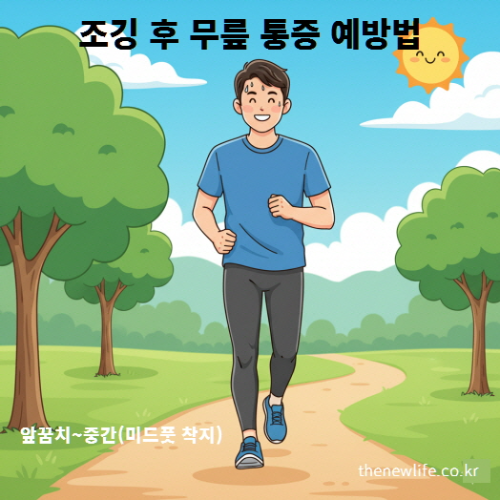조깅 운동 후 무릎 통증 예방을 위해 미드풋 착지와 올바른 자세로 달리는 남성 러너