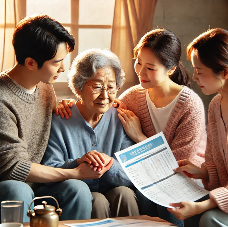 가족들이 연금 서류를 함께 검토하며 노년을 지지하는 모습