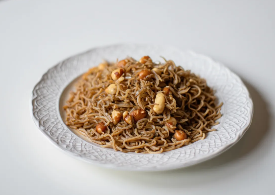 윤기가 좌르르 흐르고 견과류가 섞인 짭조름한 잔멸치 볶음이 예쁜 접시에 소복하게 담겨있다