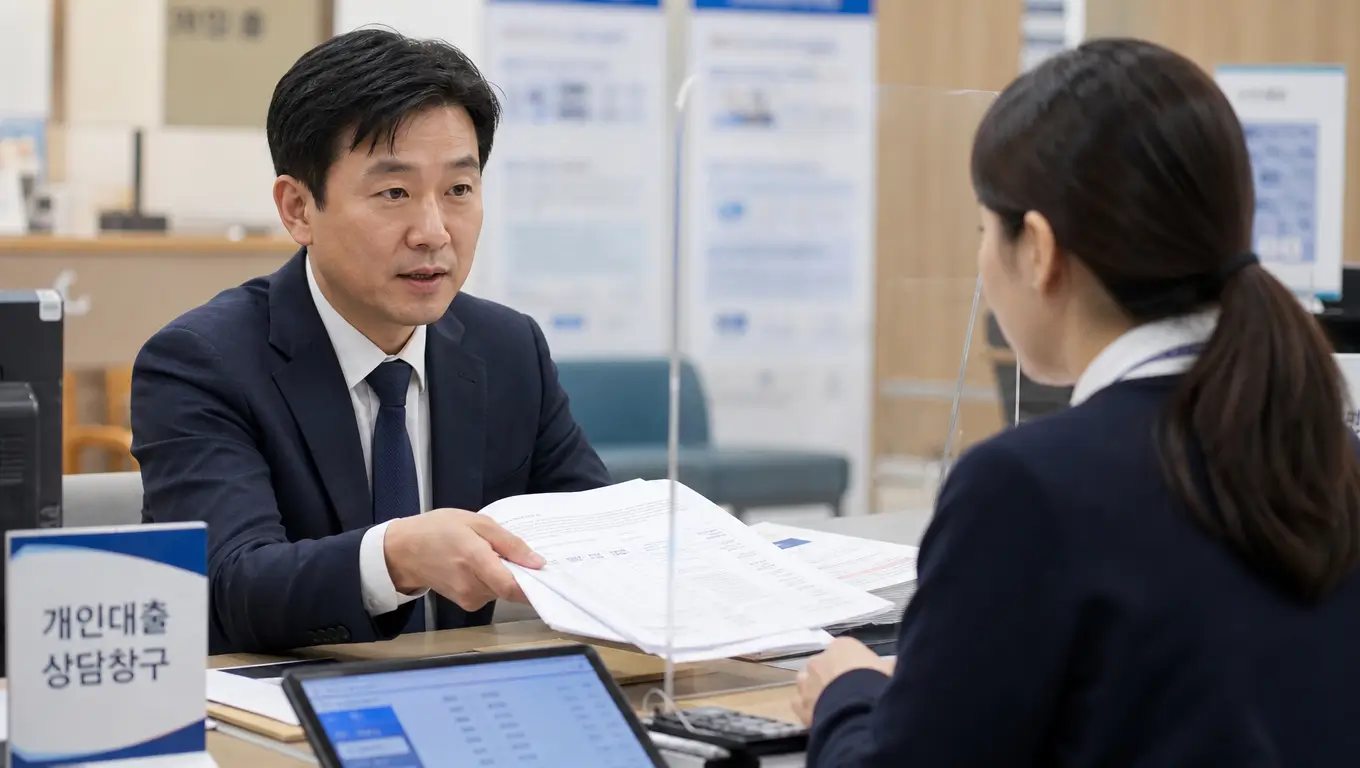 서민금융통합지원센터 창구에서 40대 남성이 다중 채무 명세서를 제출하며 진지하게 상담받는 모습