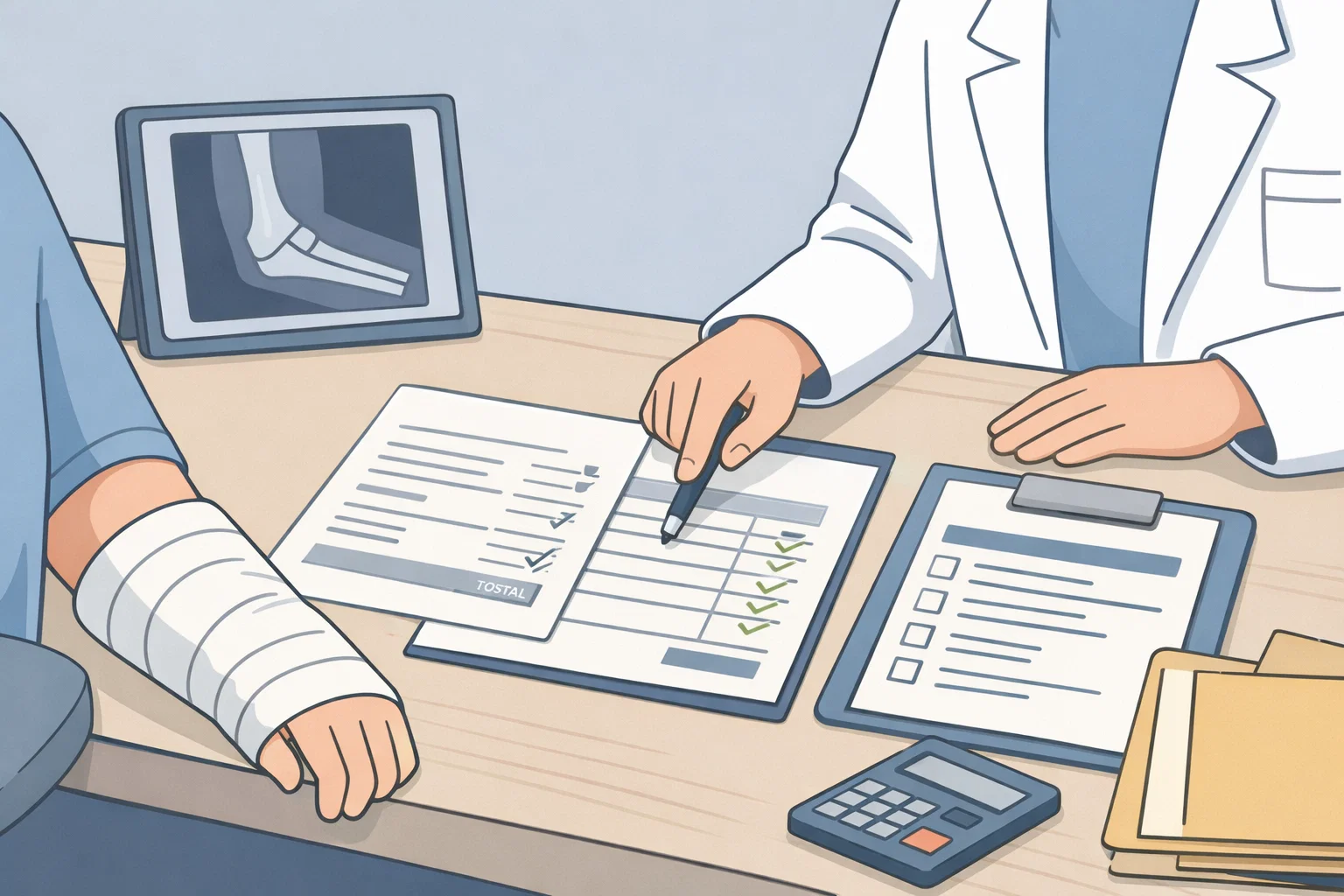 골절 실손보험 보장 여부를 판단할 때 실제 치료비와 서류 기준을 입원·통원 흐름에 맞춰 확인하는 장면을 설명하는 이미지