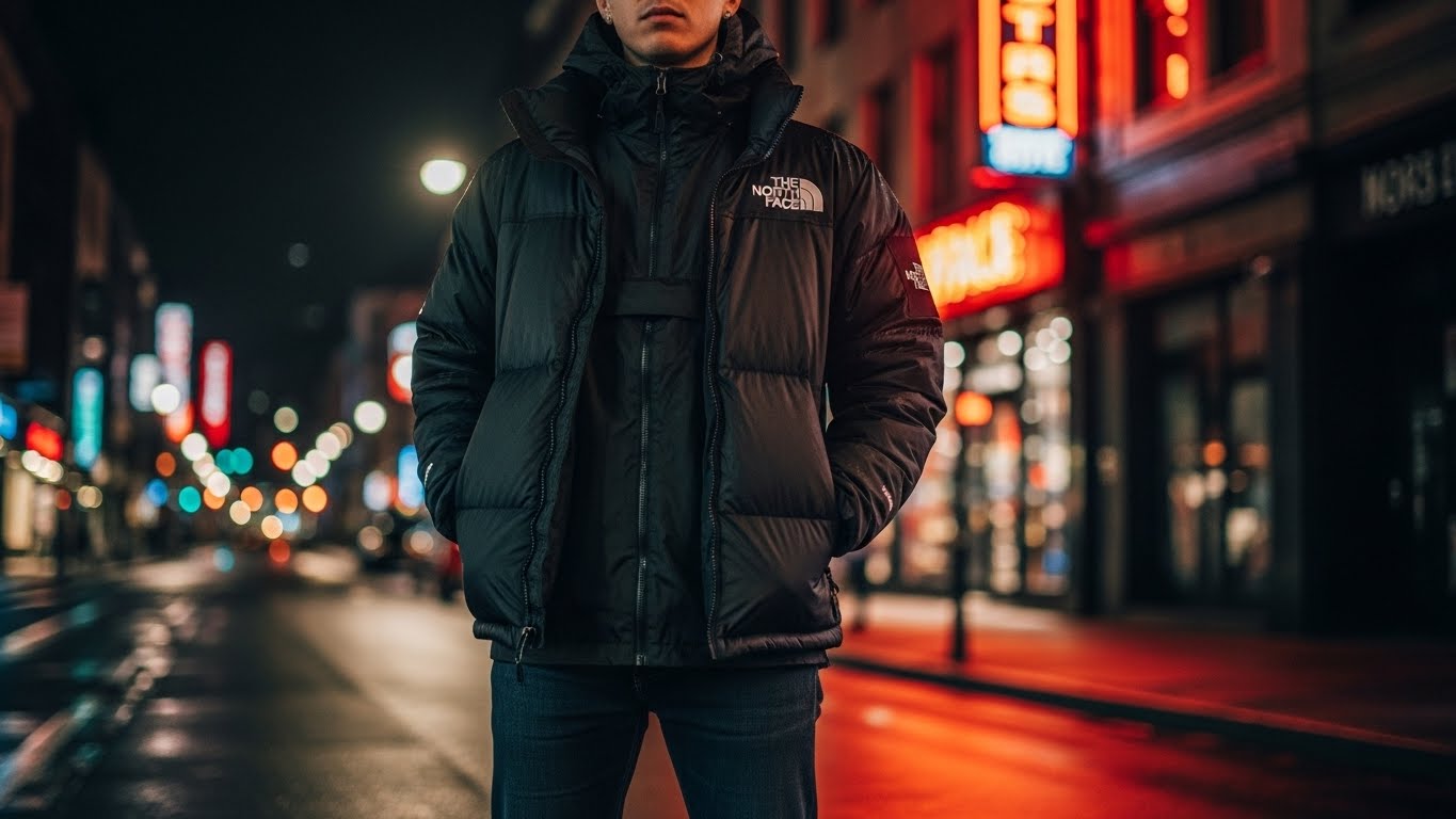 설산과 도심 배경에서 노스페이스 패딩과 바람막이를 믹스매치한 고프코어 룩 상세 이미지