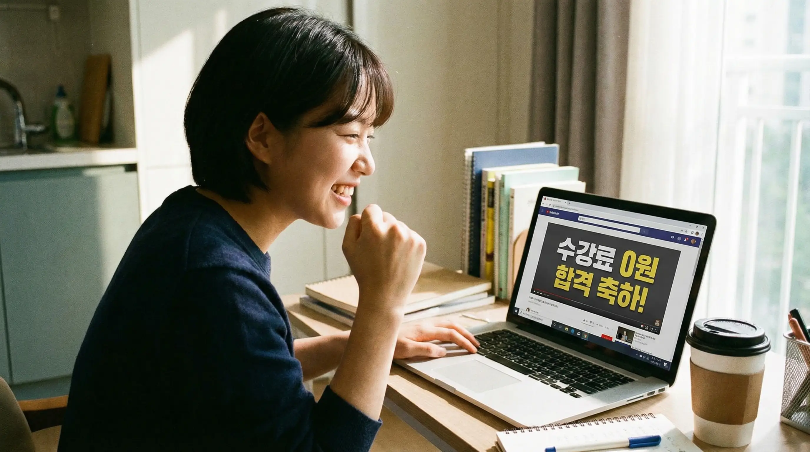 노트북으로 온라인 강의를 들으며 수강료 0원 혜택을 확인하고 기뻐하는 취업 준비생의 모습