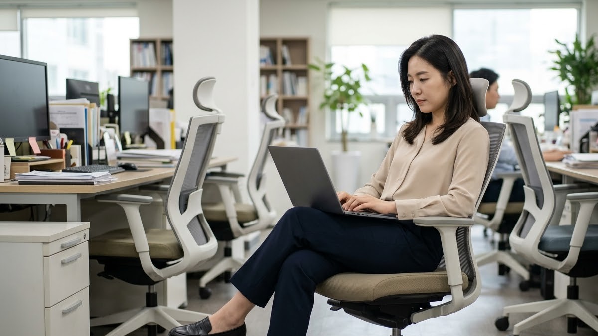 사무실 의자에서 다리를 꼬고 몸을 기울인 채 일하는 직장인