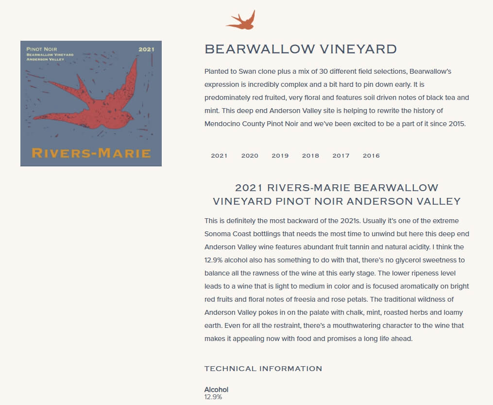 Rivers-Marie Bearwallow Vineyard Pinot Noir 2021, Anderson Valley, California, USA๏ฝ๋ฆฌ๋ฒ์ค-๋ง๋ฆฌ ๋ฒ ์ด์ฐ๋ก์ฐ ๋น์ผ๋ ํผ๋
ธ ๋์ 2021
