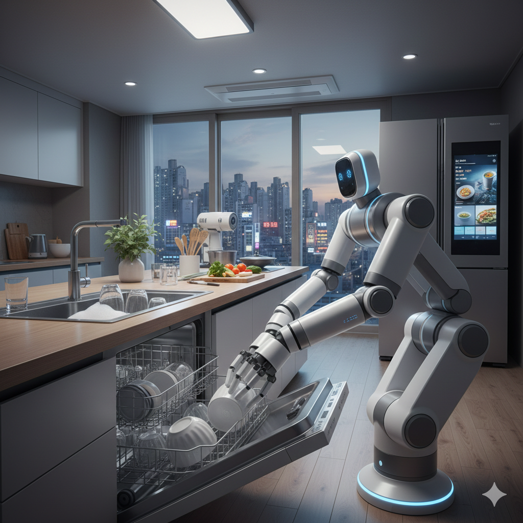 주방에서 인간형 로봇이 식기세척기에 그릇을 넣고 있다. 로봇 팔이 길게 뻗어 있고, 배경에는 도시 야경과 현대적인 주방 인테리어가 보인다.