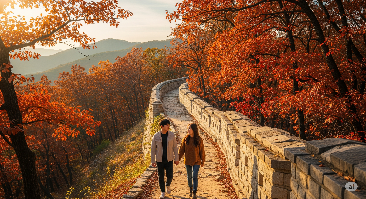 남한산성 성곽길을 걷고 있는 20대 커플. 붉게 물든 단풍나무와 고즈넉한 성곽이 어우러진 풍경.