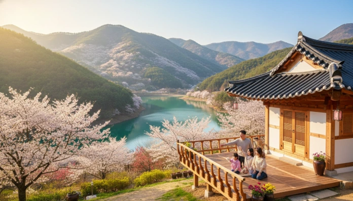 푸른 산과 만개한 벚꽃이 어우러진 비수도권의 한적한 봄 풍경 속 아늑한 숙소 전경. 편안한 휴식을 즐기는 여행객들의 모습이 담겨 있습니다.