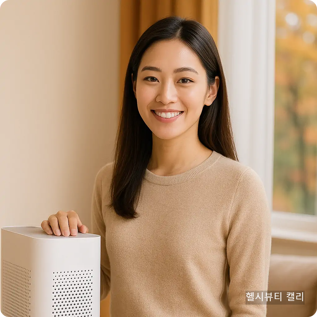 아파트 새집증후군 해결을 상징하는 공기청정기 옆에서 밝게 웃는 20대 여성
