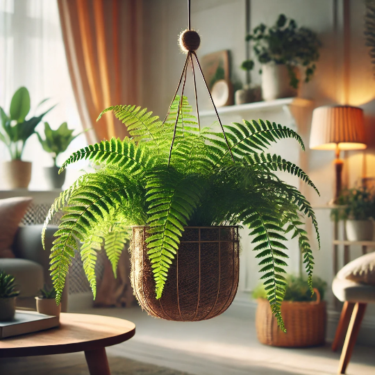 거실안에서 공중에 걸려있는 실내식물의 모습