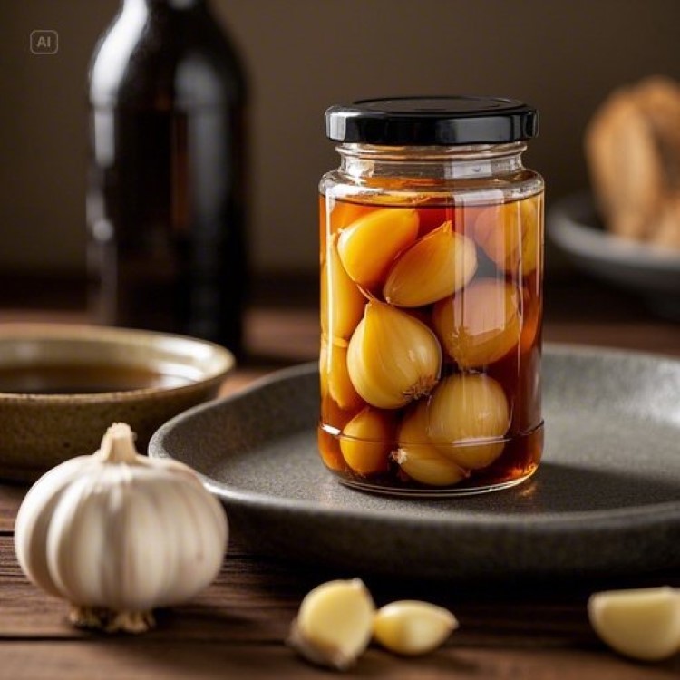 "투명한 유리병에 담긴 갈색빛 마늘 장아찌, 윤기가 흐르는 마늘들이 간장 색깔의 국물에 잠겨 있는 모습. 주변에는 신선한 마늘과 간장, 설탕, 식초 등의 재료들이 깔끔하게 배치되어 있고, 따뜻한 주방 조명 아래에서 정갈하고 맛있어 보이는 한식 전통 음식의 분위기"