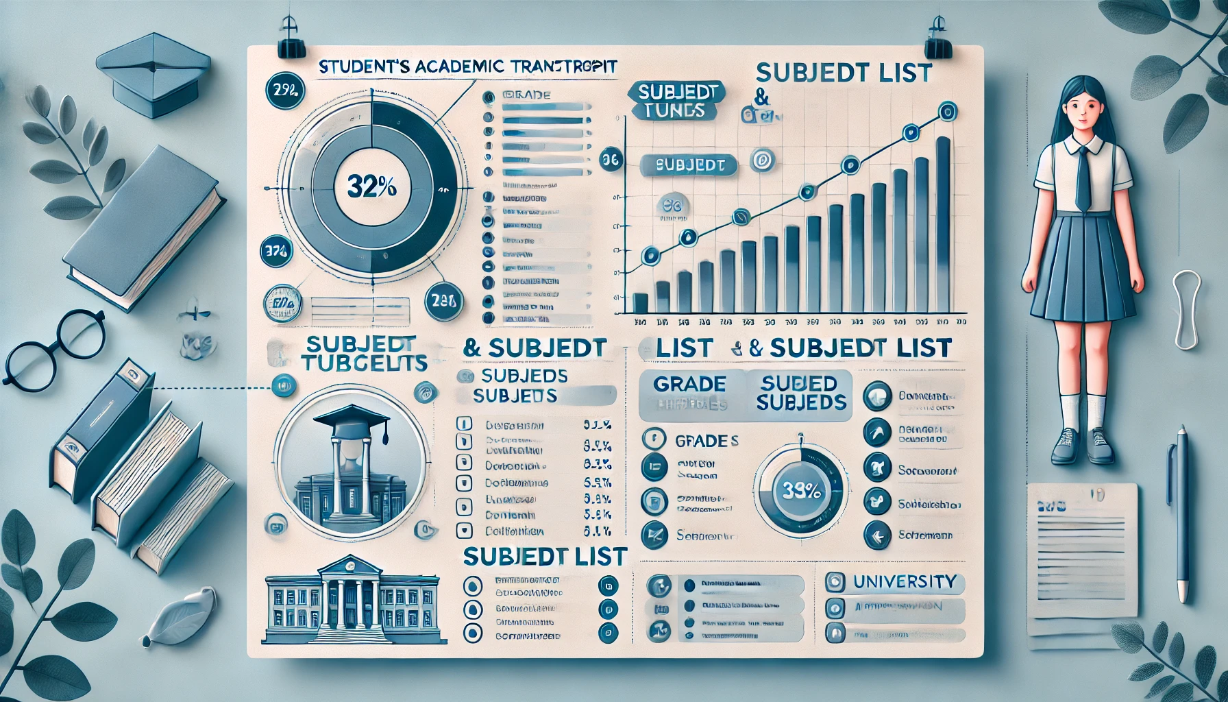 학생의 성적표 및 선택 과목 분석을 시각적으로 표현한 인포그래픽