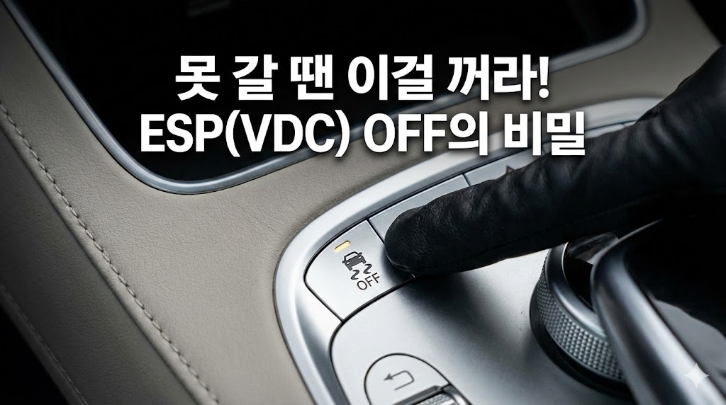 자동차 대시보드의 미끄럼 방지 해제 버튼을 누르는 손가락