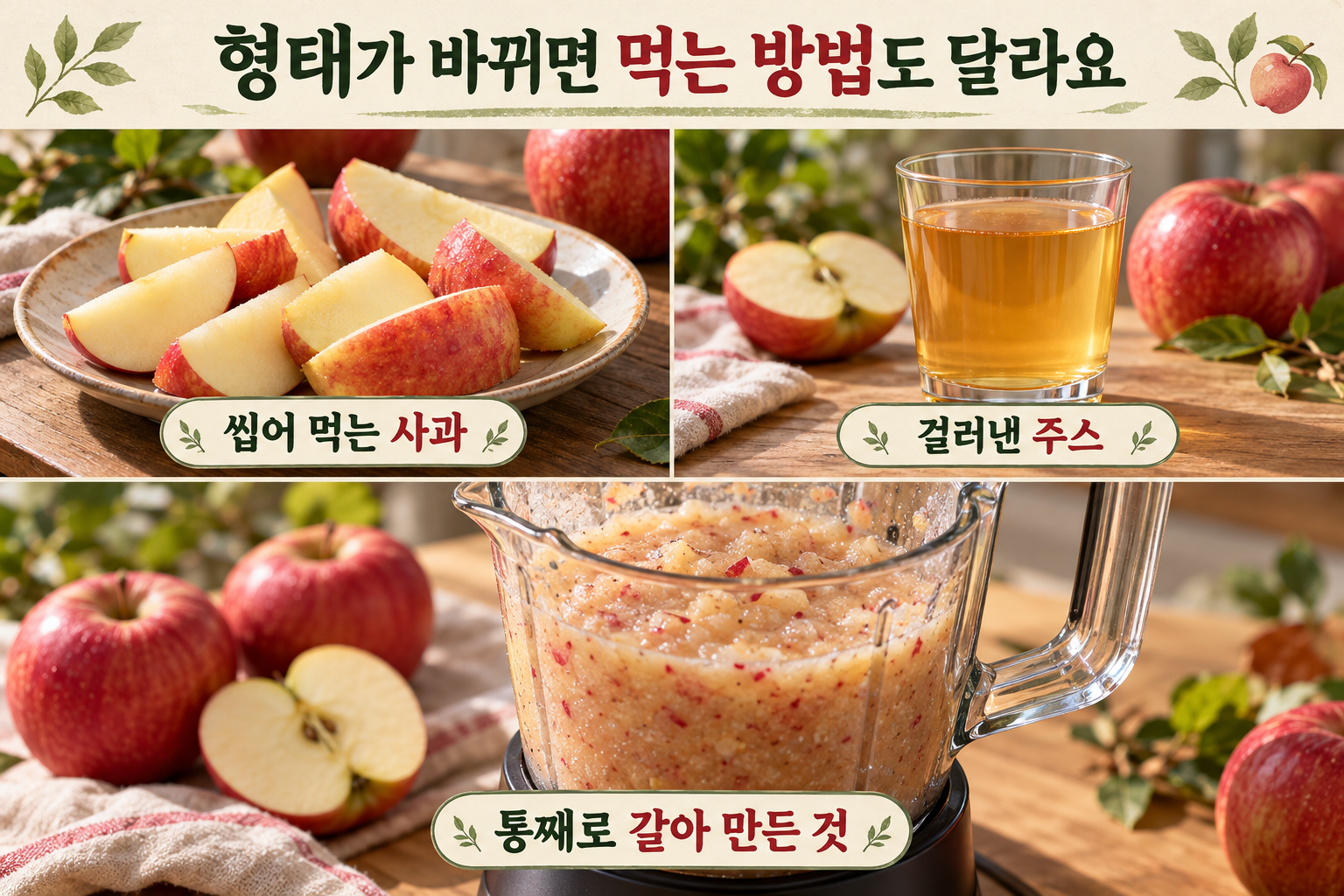 씹어 먹는 사과, 걸러낸 주스, 과육과 껍질을 갈아 만든 것을 나란히 비교.