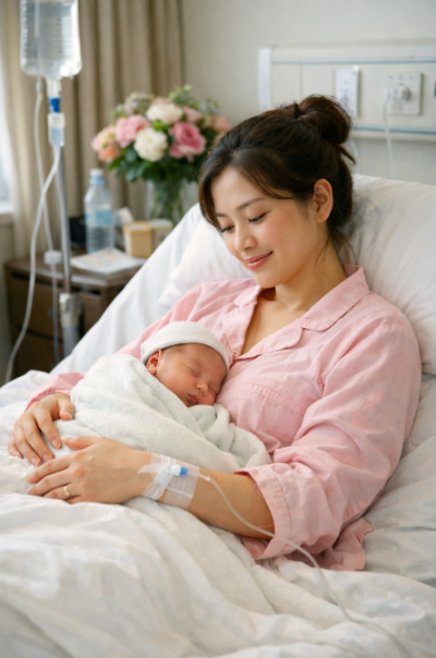 출산 후 병원 침대에 누워 신생아를 안고 있는 엄마의 따뜻한 모습. 엄마는 분홍색 병원복을 입고 있으며, 아기와 함께 평온한 표정으로 휴식을 취하고 있다