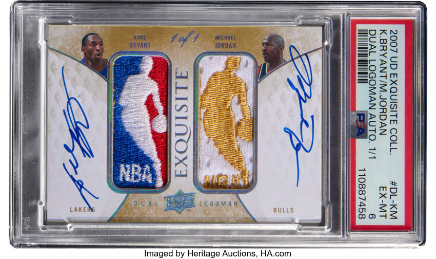 2007-08 Upper Deck Exquisite Collection Dual Logoman Autographs Michael Jordan & Kobe Bryant #DL-KM Signed PSA EX-MT 6 - #'d 1...