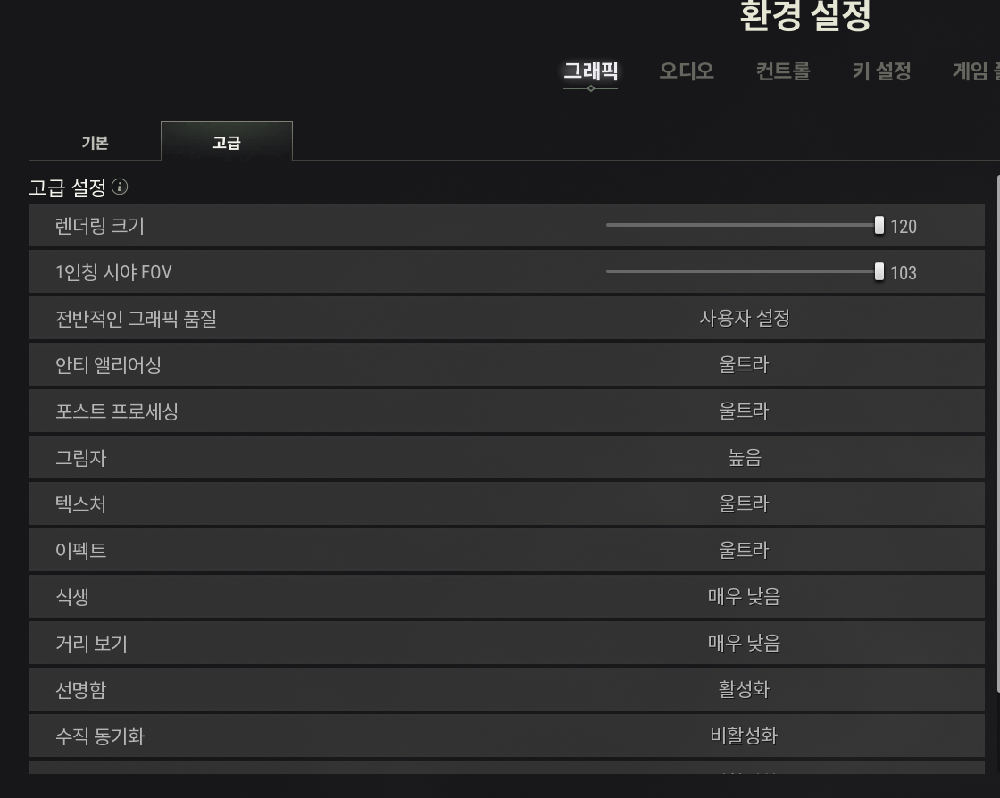 배그 FPS 진단을 위한 최소 그래픽 기준 설정 화면