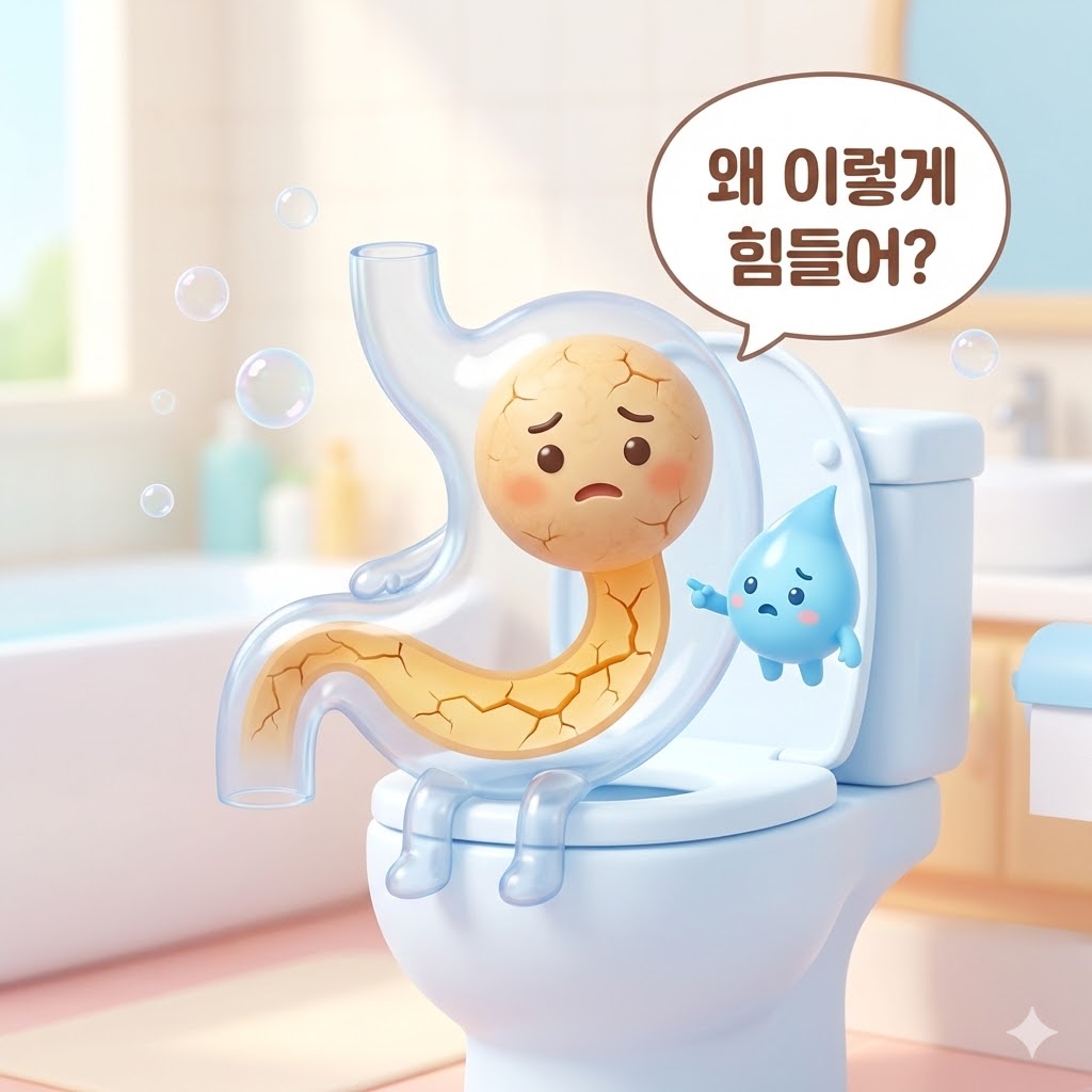 변이 딱딱하여 힘들어하는 귀여운 장 캐릭터가 물방울 친구와 함께 고민하는 모습