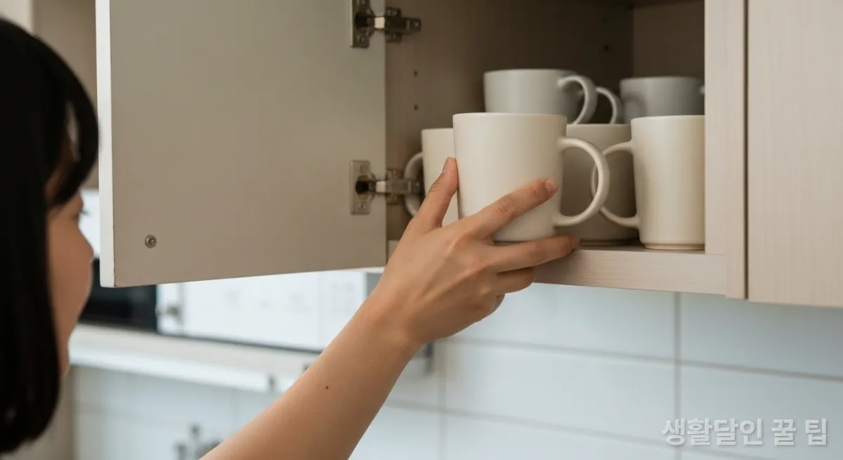 새로운 머그컵을 수납장에 넣으며 '하나 들이면 하나 비우기'를 실천하는 손