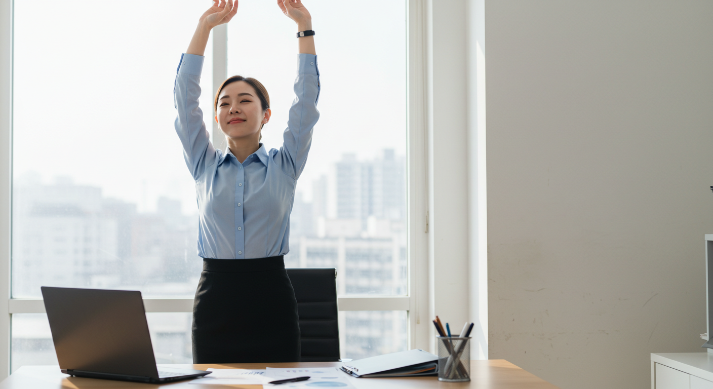 사무실에서 간단한 요가를 하는 직장인의 이미지