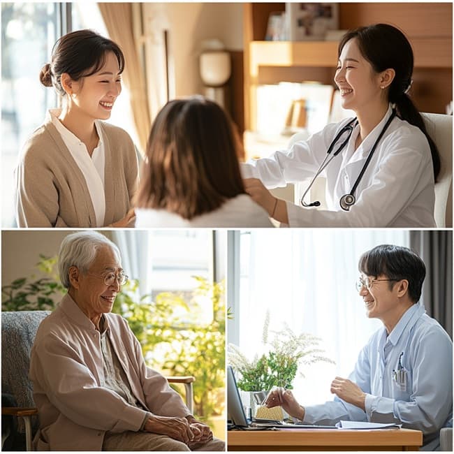 노인 남성이 혈압 측정 돌봄을 받는 모습