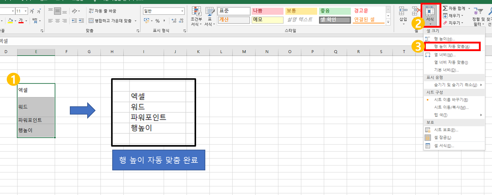 서식 - 행 높이 자동 맞춤
