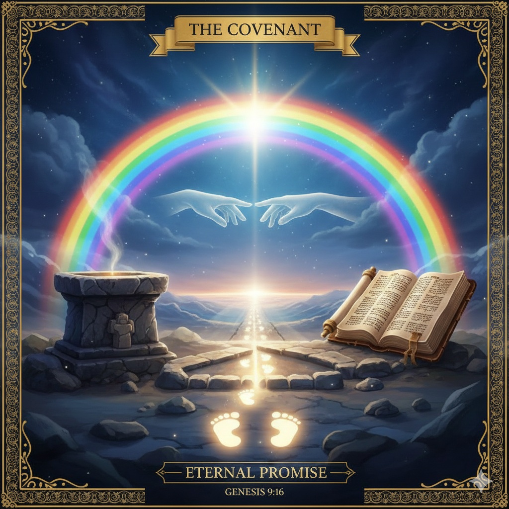 A symbolic and spiritual illustration representing the Biblical covenant. It features elements like an ancient scroll (the Word), a glowing rainbow (God's promise), and two hands reaching toward each other, signifying the unbreakable relationship and faithful commitment between the Creator and His people. The lighting is divine and warm, evoking a sense of hope and security.