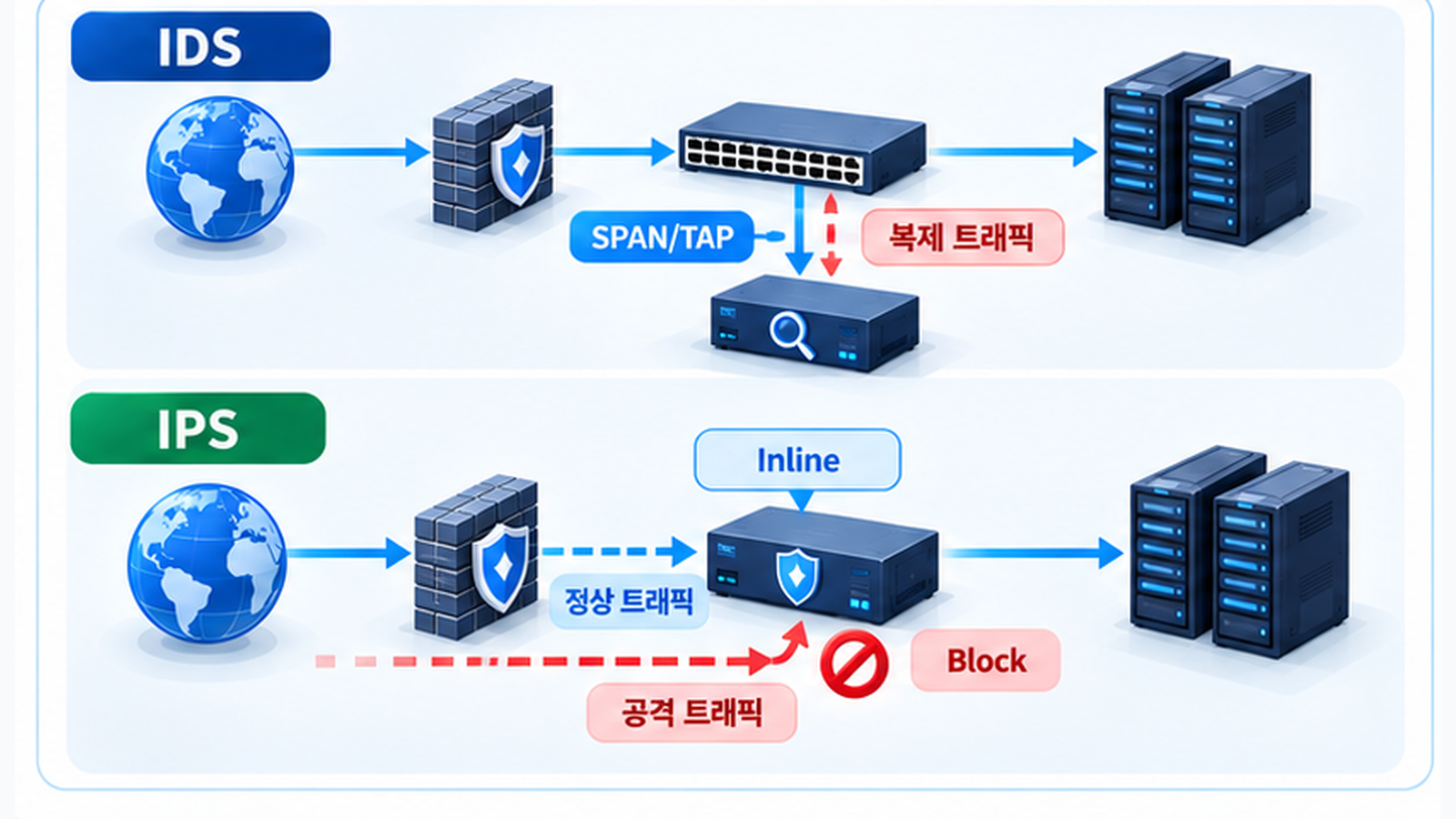 SPAN 또는 TAP으로 복제 트래픽을 분석하는 IDS와 네트워크 경로에 Inline으로 배치되는 IPS 비교 구조