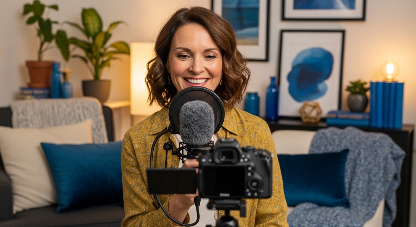 중년 여성이 마이크를 들고 유튜브 채널을 촬영하는 활기찬 모습. 개인 브랜딩을 통해 콘텐츠를 제작하는 즐거움을 표현.