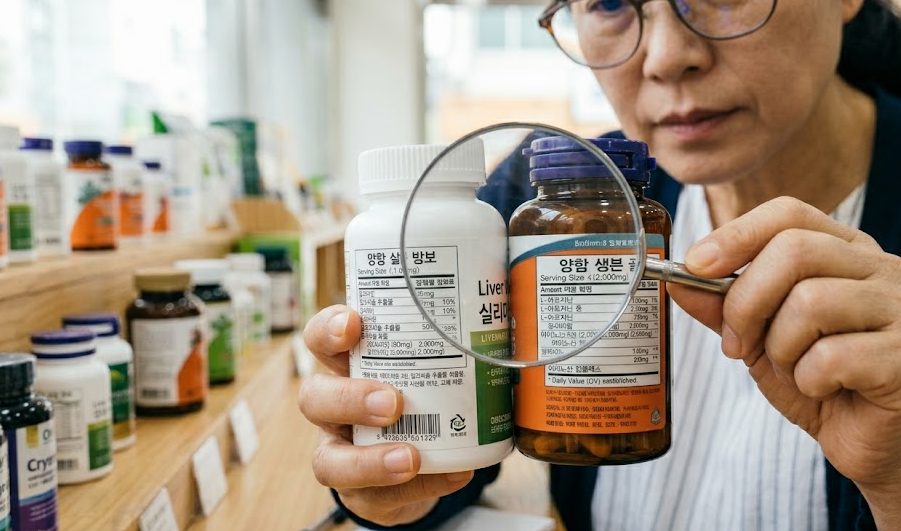 알부민 합성을 돕는 필수 아미노산과 비타민 B군이 배합된 간 건강 영양제를 깐깐하게 비교 분석하는 모습