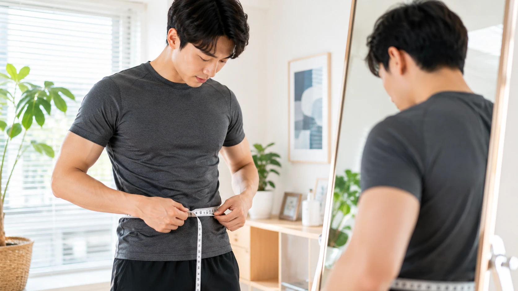 복부비만 여부를 확인하기 위해 허리둘레를 측정하는 청년 남성 모습