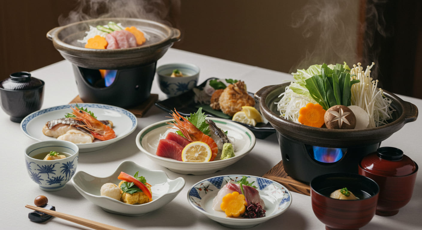 벳푸의 온천 증기를 이용해 조리한 찜 요리&amp;#44; 전통 일본식 그릇에 담긴 해산물과 채소