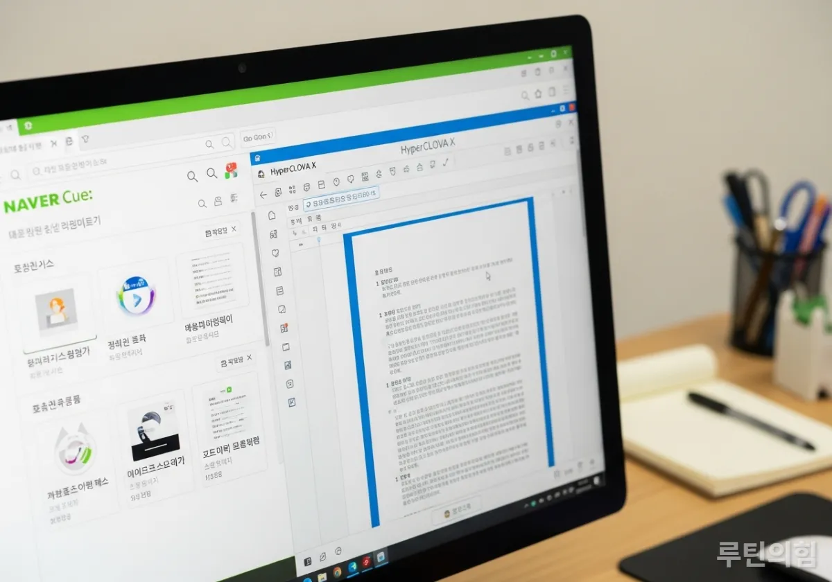 네이버 큐 검색 결과와 하이퍼클로바X가 한글 문서를 편집하는 모니터 화면