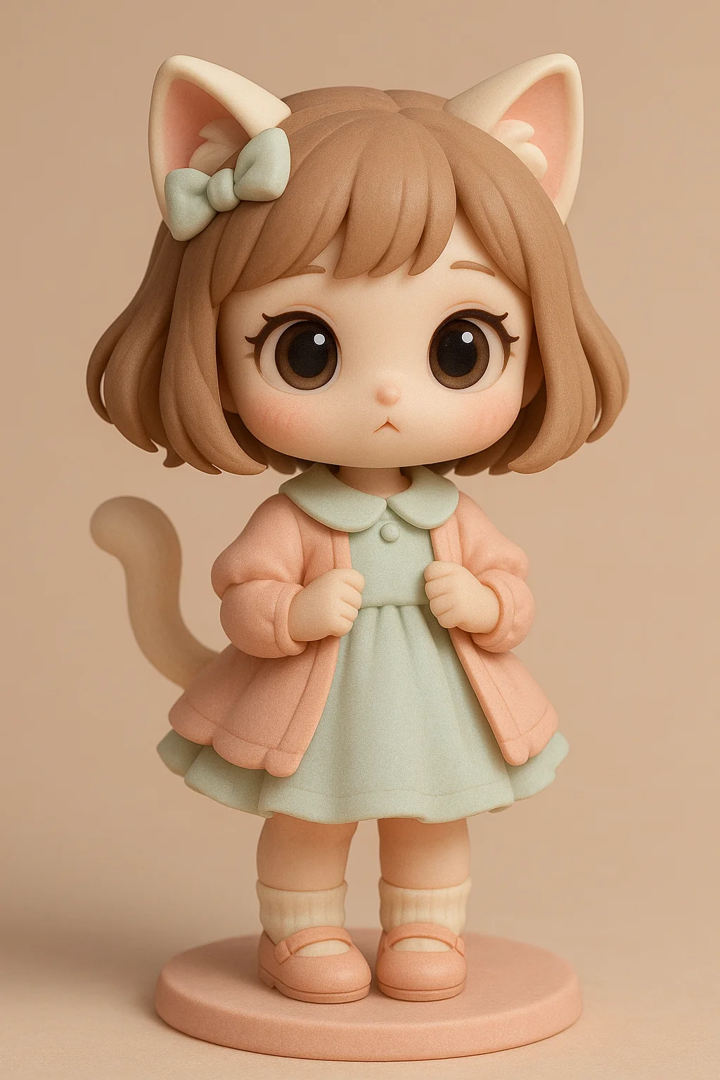 나노바나나 AI 피규어 제작법, 사용법, 귀여운 고양이 소녀 피규어, 3D 모델링 느낌, 큰 눈망울과 부드러운 파스텔 톤 의상, 아기자기한 디테일 강조, 피규어 스타일링, 팬아트 활용 가능, 아바타 제작용