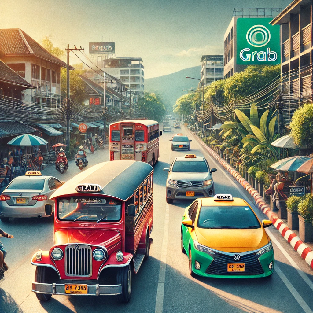 치앙마이 도로에서 운행 중인 썽태우, 택시, 그랩 차량 모습