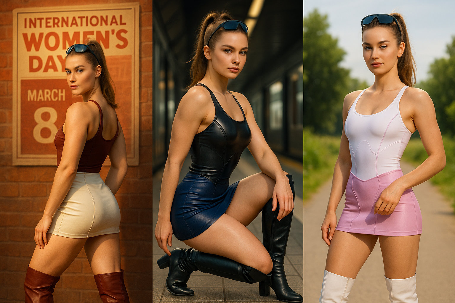 세 장면 속 같은 여성이 서로 다른 분위기와 의상으로 등장해, 강인함과 여성성을 조화롭게 드러낸 3프레임 이미지.