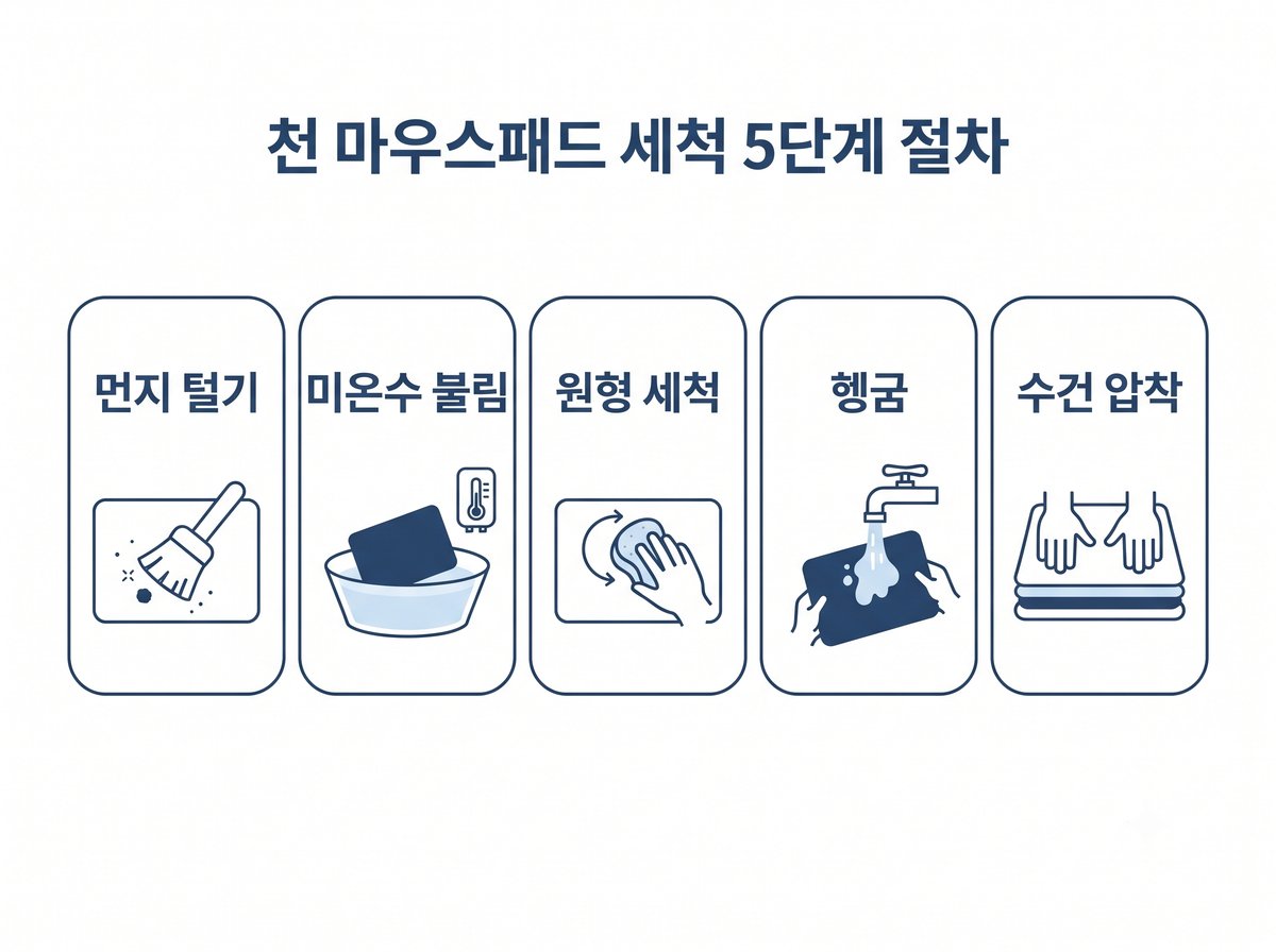 천 마우스패드 세척 5단계 절차 먼지 털기 미온수 불림 원형 세척 헹굼 수건 압착