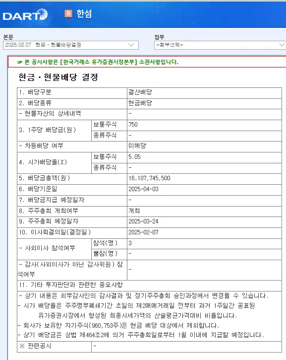 한섬(020000) 2025년 배당