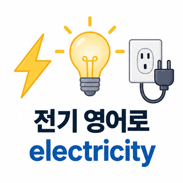 전기 영어로 electricity와 electric, electrical 세 단어를 전기 아이콘과 함께 보여주는 영어 학습 이미지