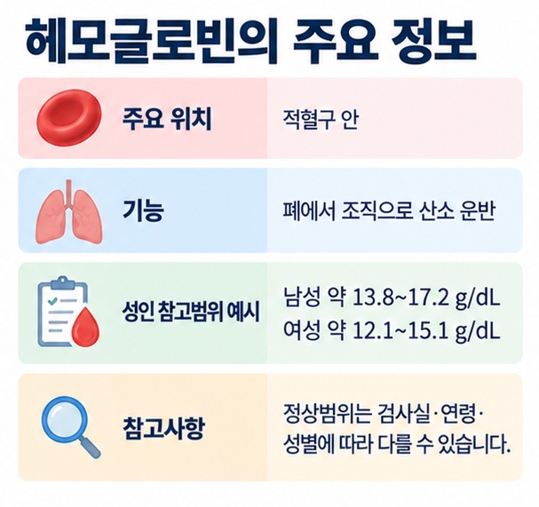 헤모글로빈이 적혈구 안에서 폐의 산소와 결합해 몸의 조직으로 운반하는 역할을 설명한 이미지