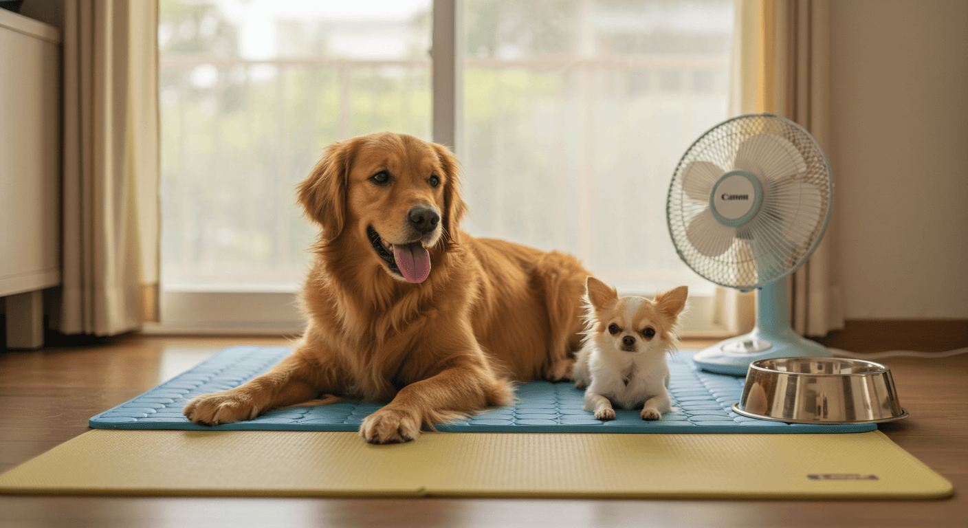 여름 실내에서 쿨매트 위에서 쉬는 골든 리트리버와 치와와