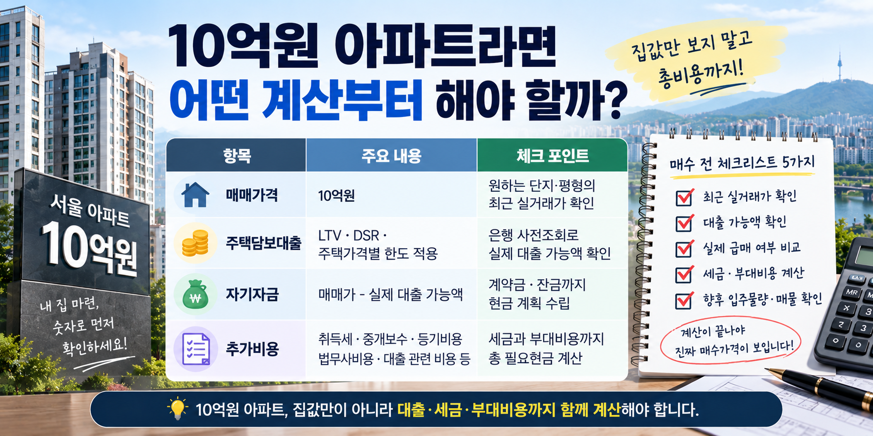 10억원 아파트 매수 시 대출&middot;자기자금&middot;취득세&middot;부대비용 계산 이미지