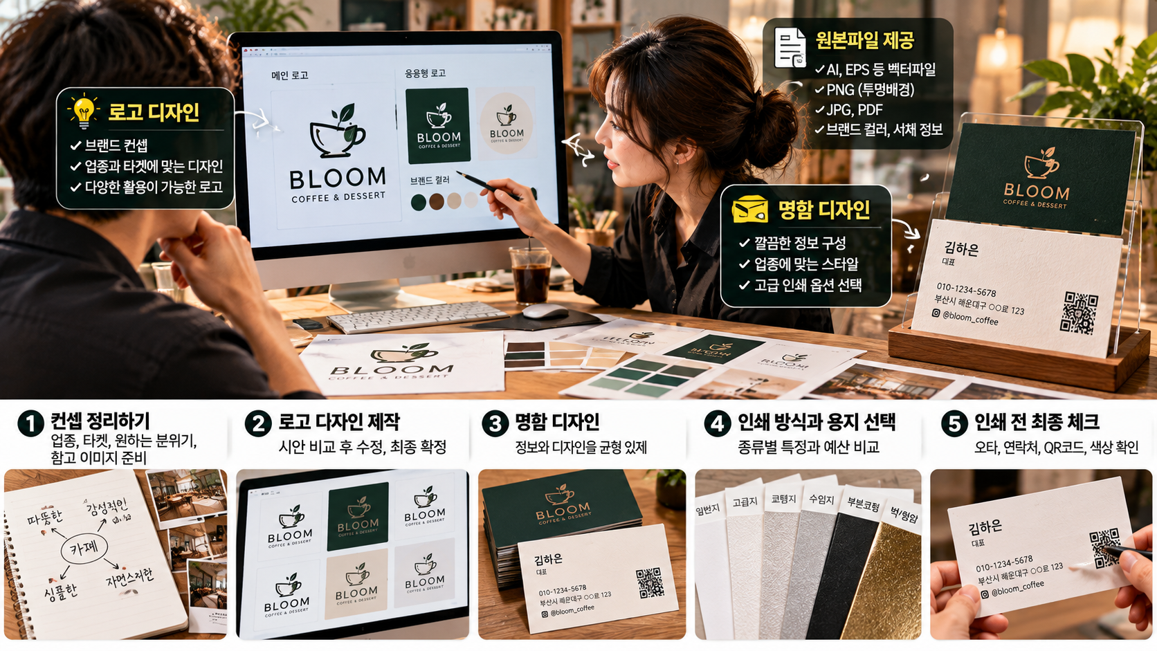 창업 로고와 명함 제작 과정 및 AI 벡터 원본파일, 명함 용지 선택과 인쇄 전 확인사항을 설명하는 이미지