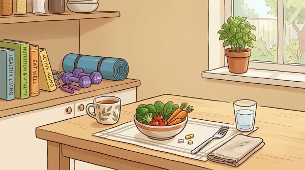 깔끔하고 현대적인 주방 테이블 위에 소량의 신선한 채소(브로콜리, 토마토 등)와 단 1~2알의 알약이 놓여 있는 모습. 배경은 차분한 베이지 톤으로 신뢰감을 주며, 한쪽에는 운동기구와 책이 놓여 있어 건강한 중년의 삶을 암시하는 만화 이미지